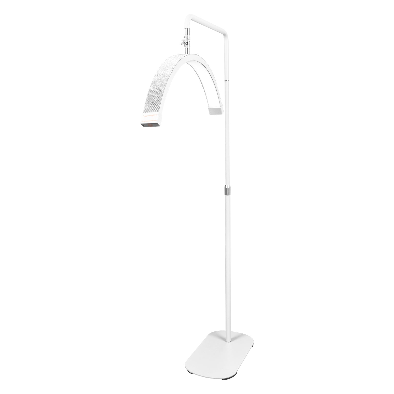 Una lampada da terra rosa per il trucco con angoli regolabili, mostrata in varie posizioni per evidenziarne la versatilità e il design.